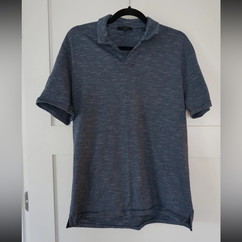Vince Mens Navy White Stripe Linen Polo Medium